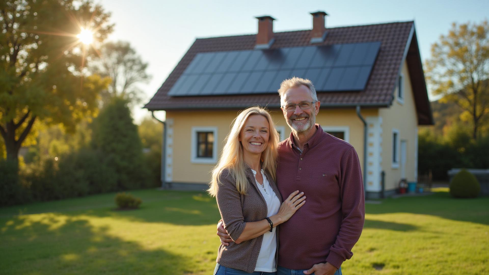 Glückliche Hausbesitzer vor ihrem Eigenheim – bereit für Energiewende