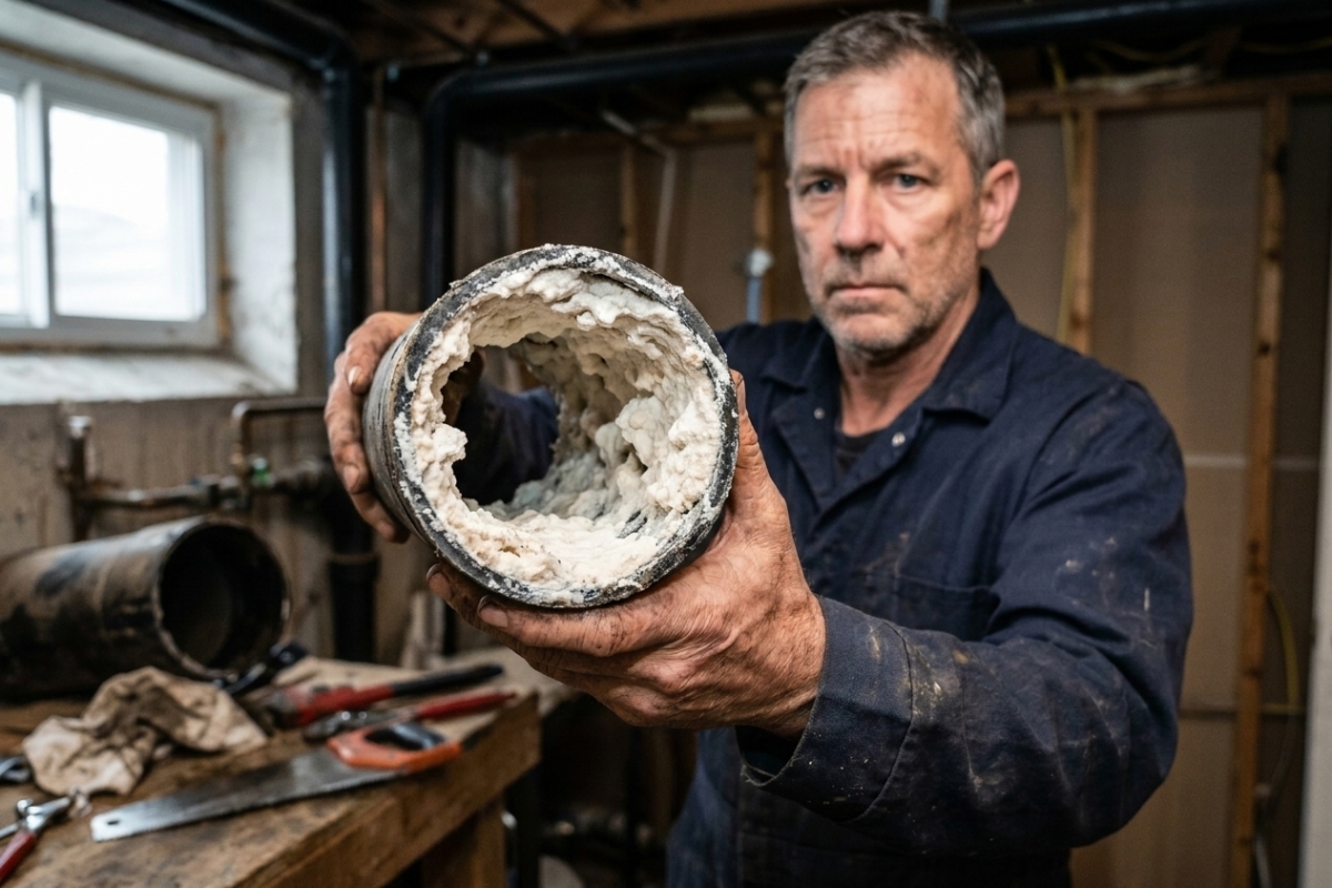 Master plumber Martin Hughes holding up a sawn-open drain pipe to the camera
